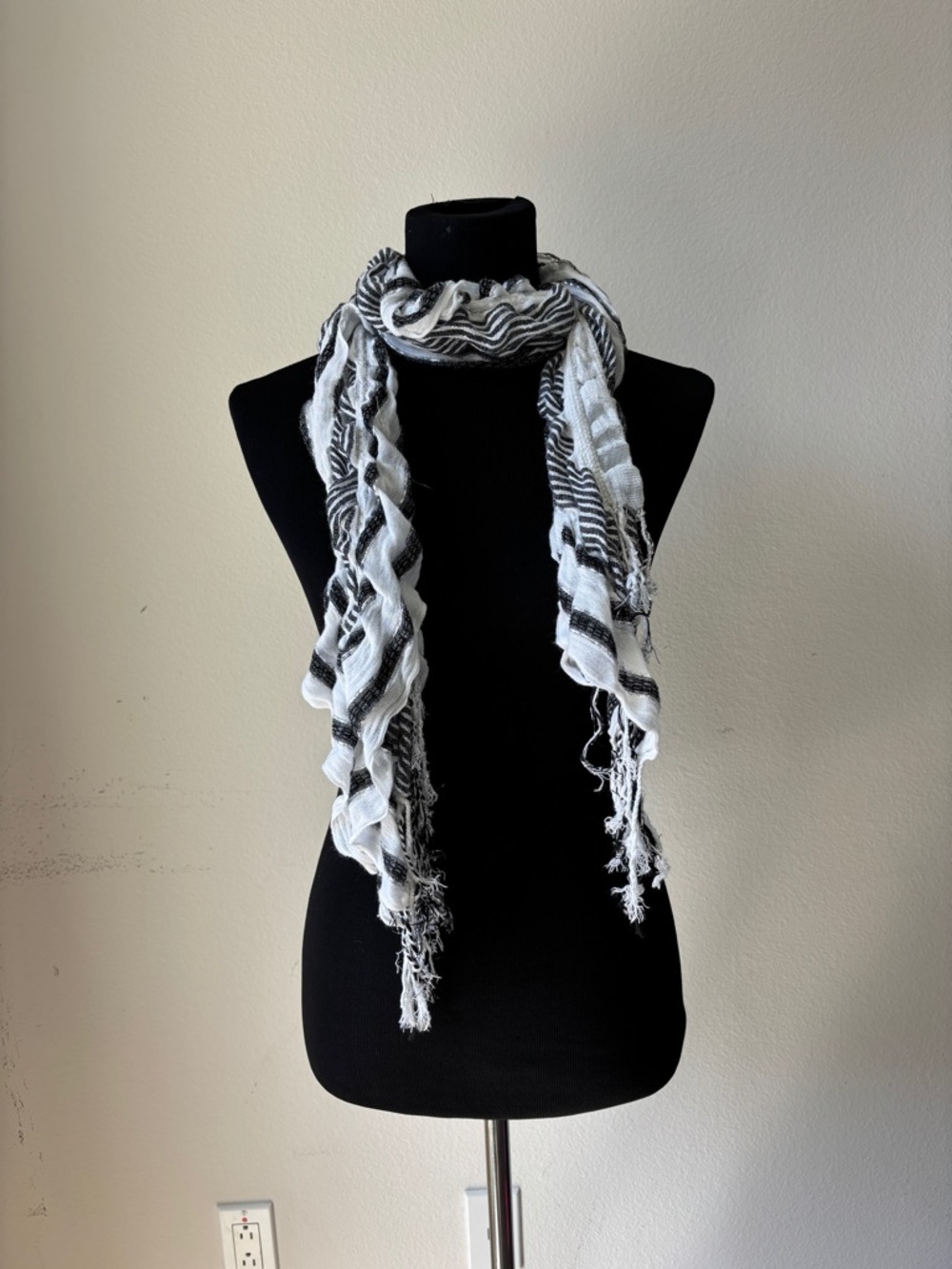 Black & White Striped Fringe Scarf